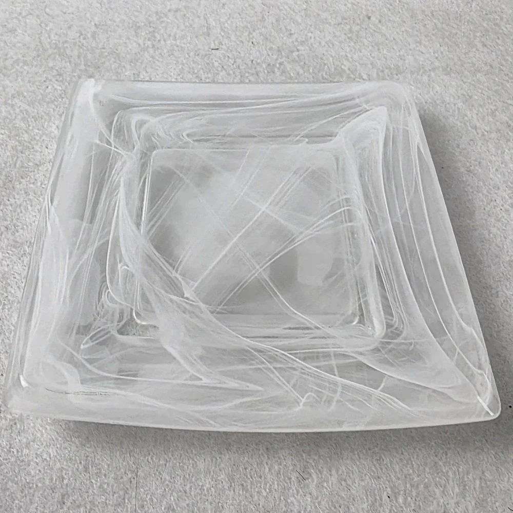 Square White Alabaster Swirl Glass Trinket Dish Marbled Decorative Tray 6.25in